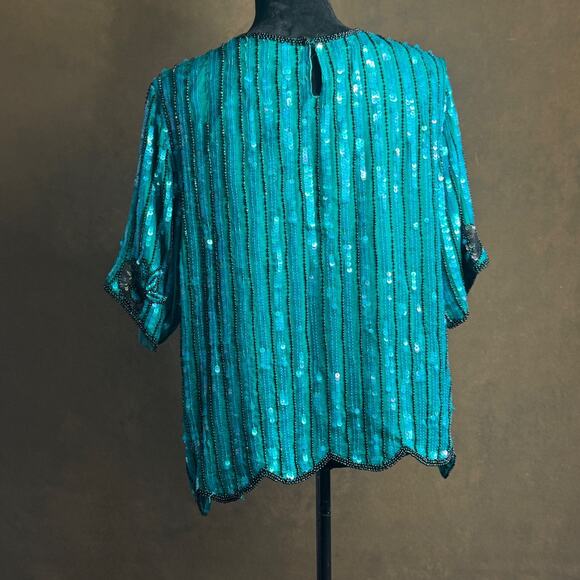 Royal Feelings Vintage Silk Sequin Beaded Top XL Teal Black Evening Party Blouse - Picture 8 of 15